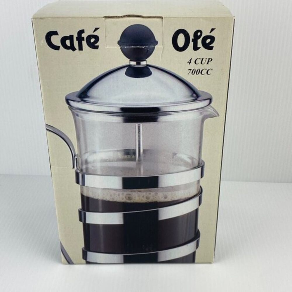 Café Ole Coffee Press 4 Cup Glass with Stainless Steel in Original Box